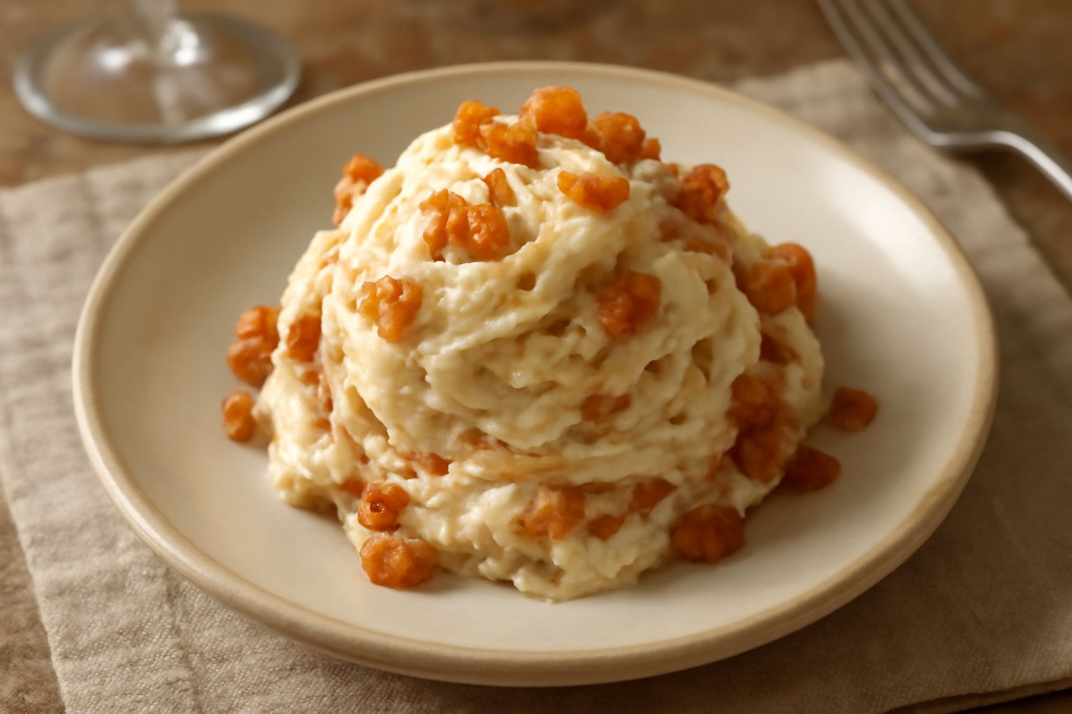 Coppetta di gelato color avorio con pezzi dorati e croccanti di pasta fritta caramellata, coperto di miele dorato, servito su piattino di ceramica bianca con cucchiaio in acciaio