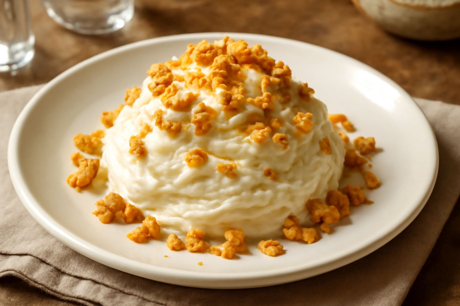 Coppa di gelato bianco cremoso con briciole dorate croccanti e scaglie di mandorla tostata, guarnito con una mandorla intera, servito in ciotola trasparente con cucchiaio accanto