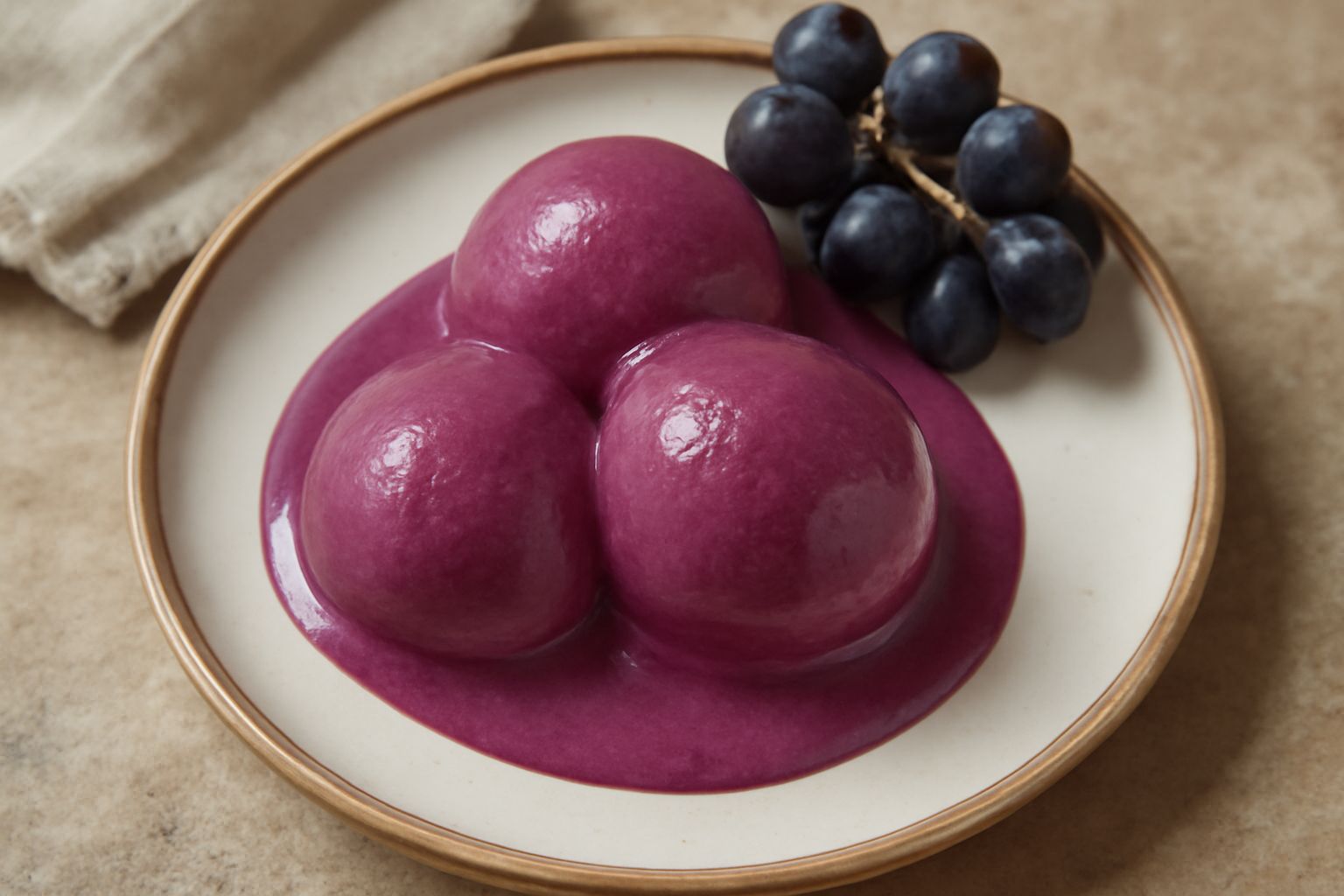 Gelato di uva dal colore viola intenso servito in coppetta di vetro trasparente, con due palline lisce e brillanti, guarnito con un chicco d'uva fresco sul bordo, sfondo bianco naturale