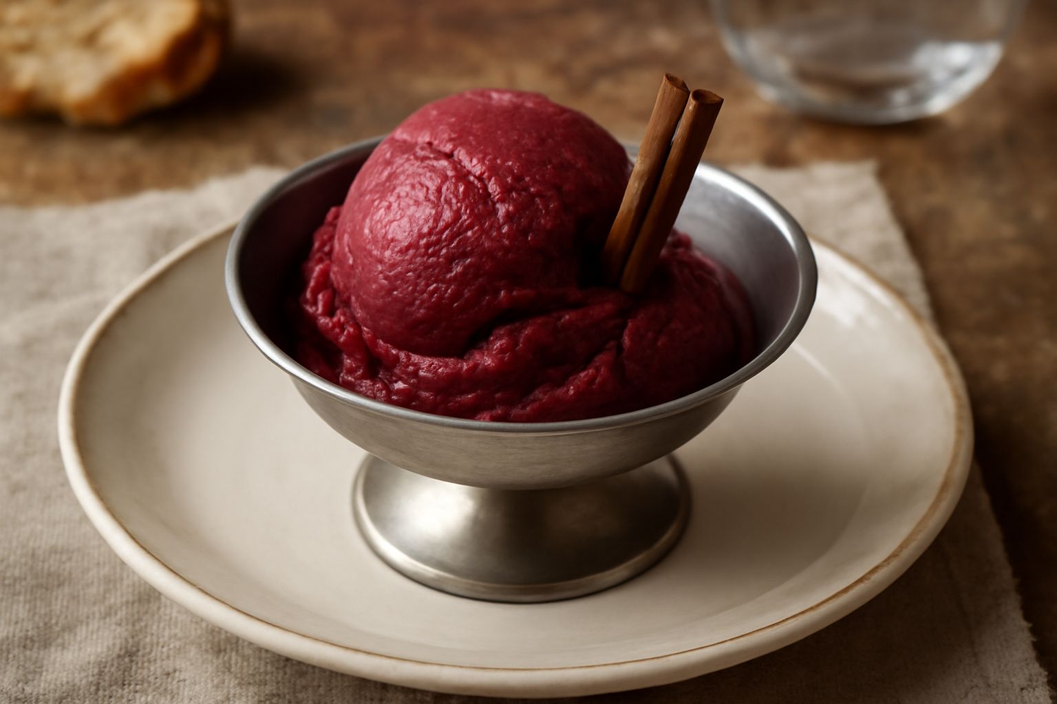 Gelato di vin brulé di colore bordeaux scuro servito in una coppetta di vetro, guarnito con una bacchetta di cannella, con cristalli di zucchero che brillano sulla superficie
