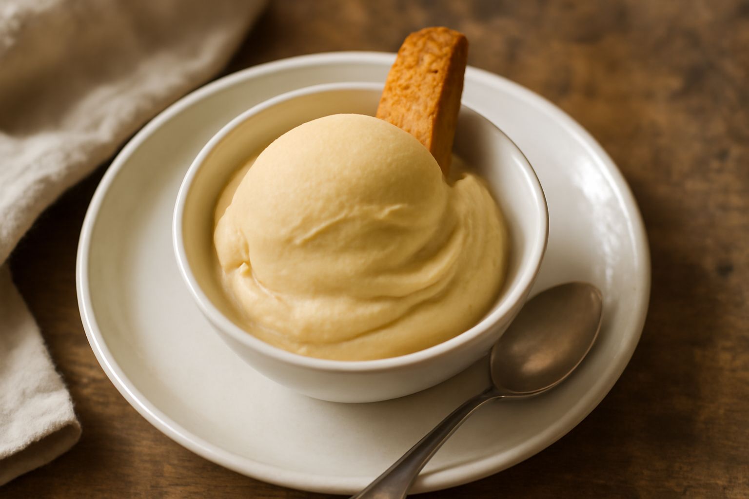 Coppetta di gelato beige-giallognolo con due cucchiaiate di gelato di vin santo cremoso, servito con un biscotto secco lungo il bordo, sfondo bianco neutro