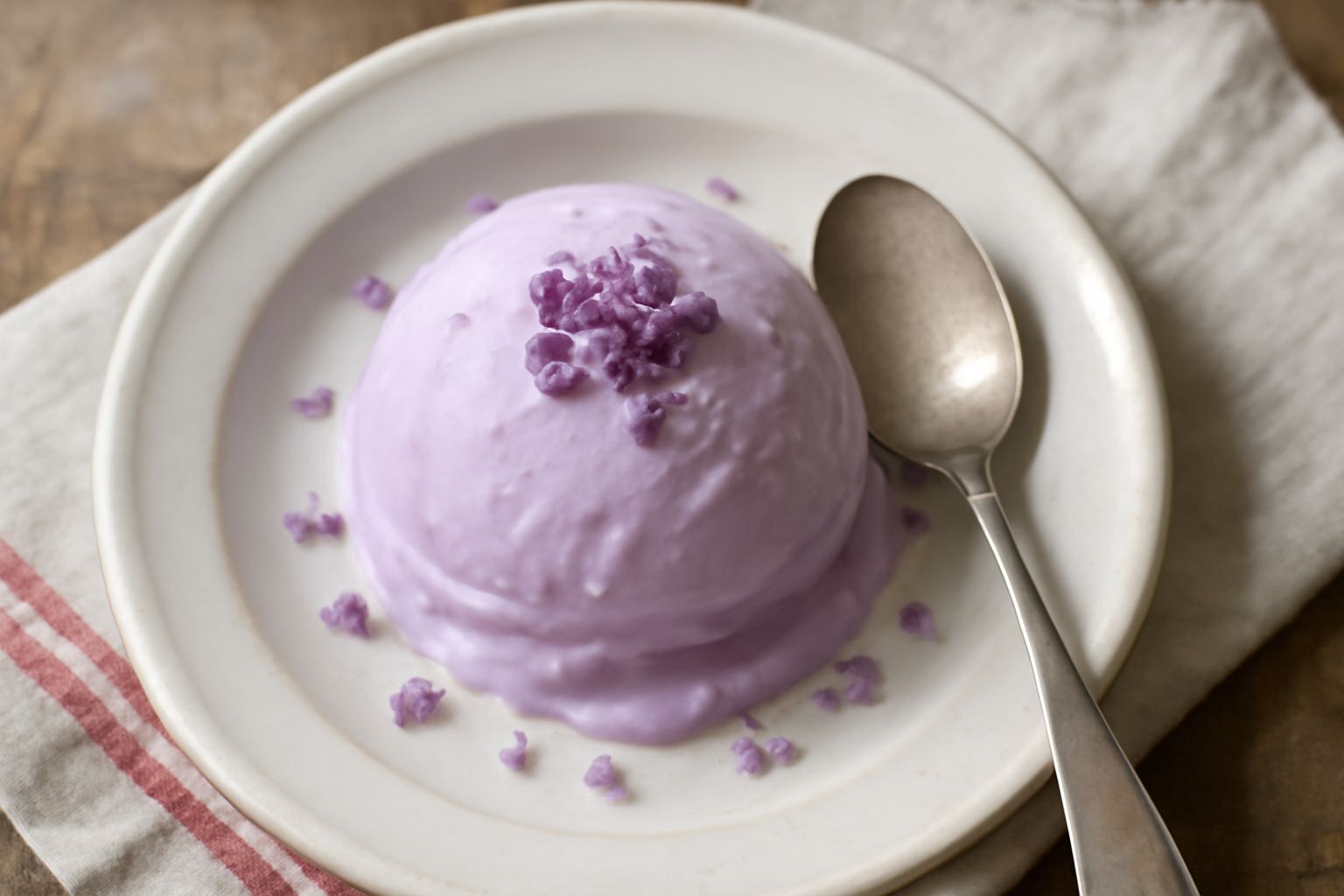 Coppetta di gelato lilla pallido con fiori di violetta canditi sparsi in superficie, servito su piattino bianco con cucchiaio in legno