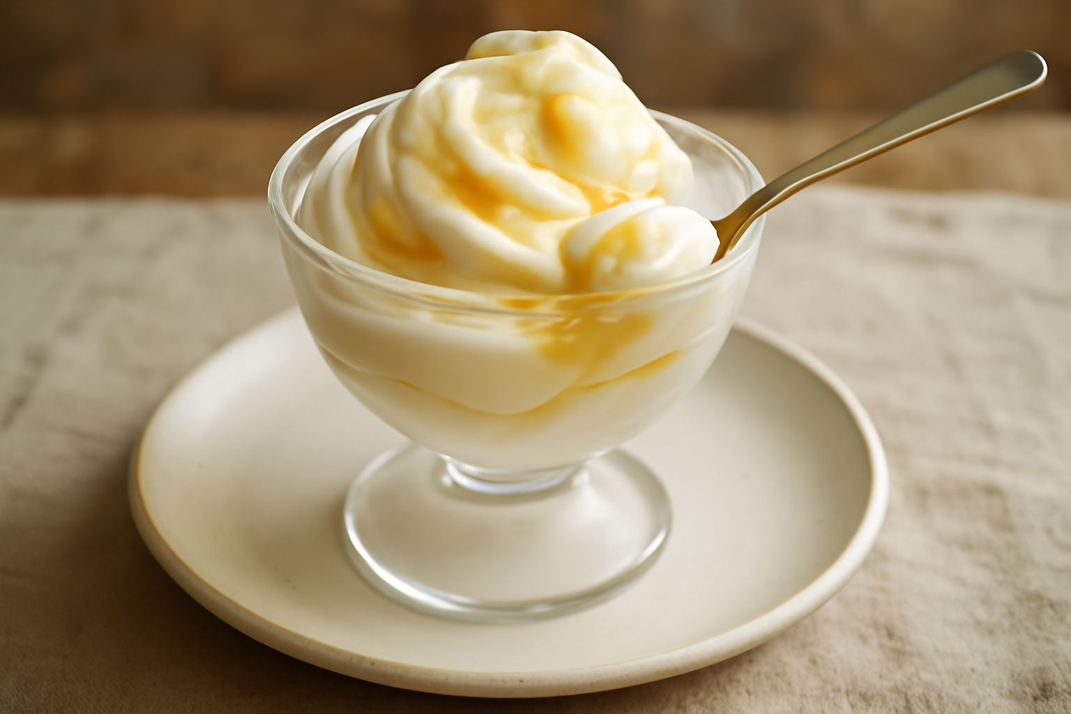 Gelato di yogurt e miele in coppa di vetro trasparente, dal colore bianco crema con venature dorate di miele, con cucchiaio di legno e un filo di miele versato sulla superficie, ambiente luminoso esti