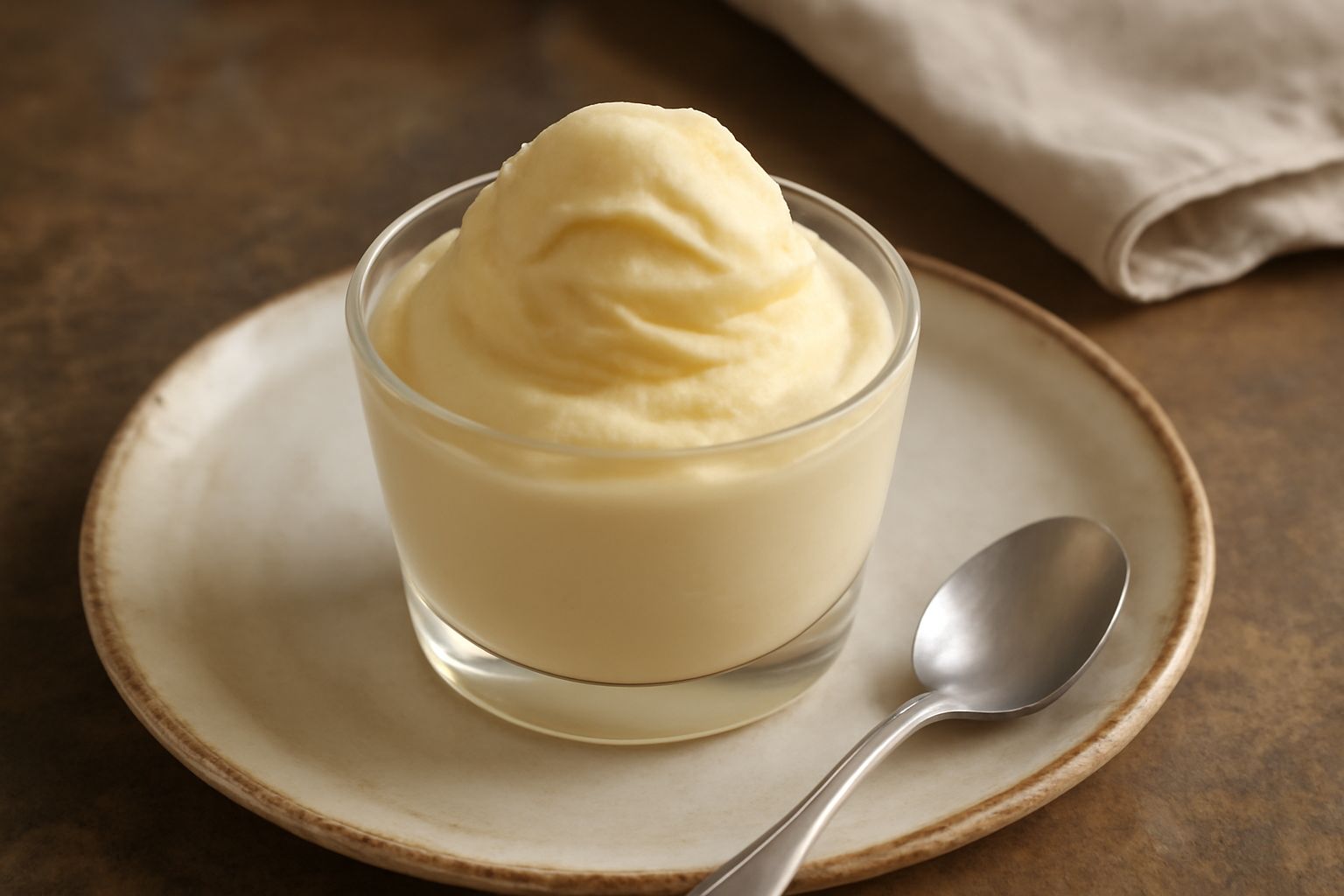 Gelato di zabaglione color bianco crema servito in coppetta di vetro trasparente, tre cucchiaiate disposte a rosone, surface liscio e brillante, con un cucchiaio in primo piano sul tavolo bianco