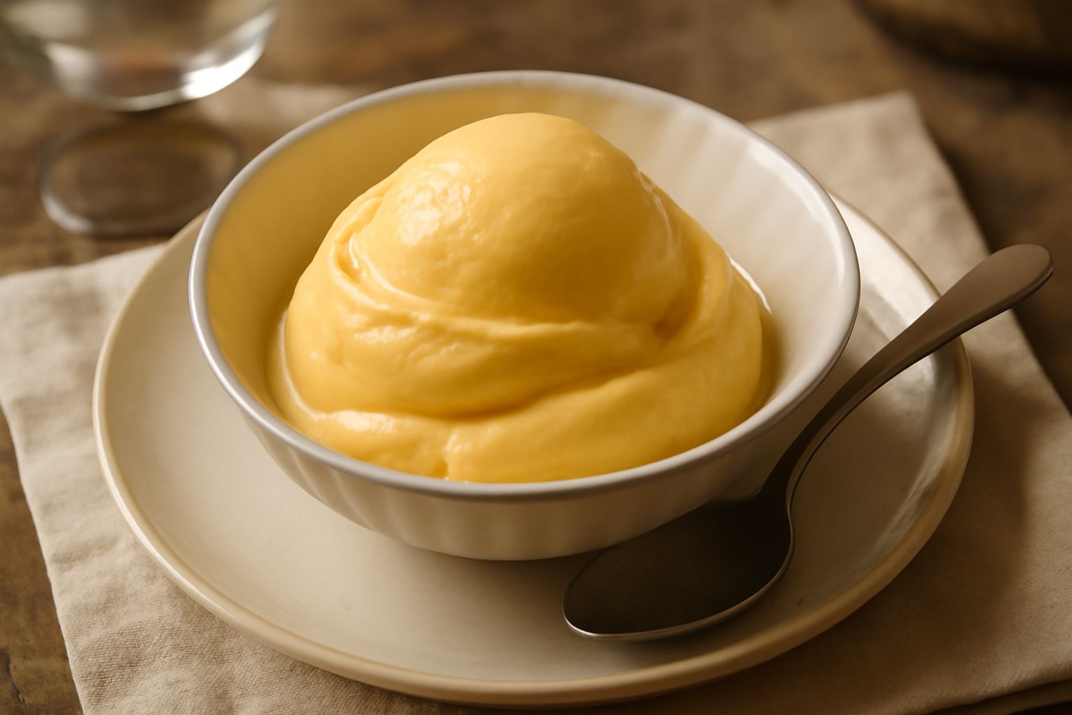 Coppetta di gelato di zabaione di colore giallo crema, cremoso e lucido, servito con cucchiaio in acciaio su tavolo bianco, superficie liscia e uniforme