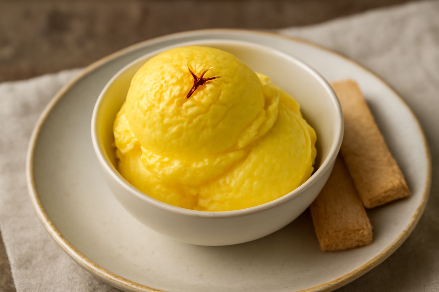 Gelato di zafferano di colore giallo oro in una coppetta di vetro, con tre quenelle cremose, guarnito con un filamento di zafferano rosso sulla superficie e un biscotto tondo accanto