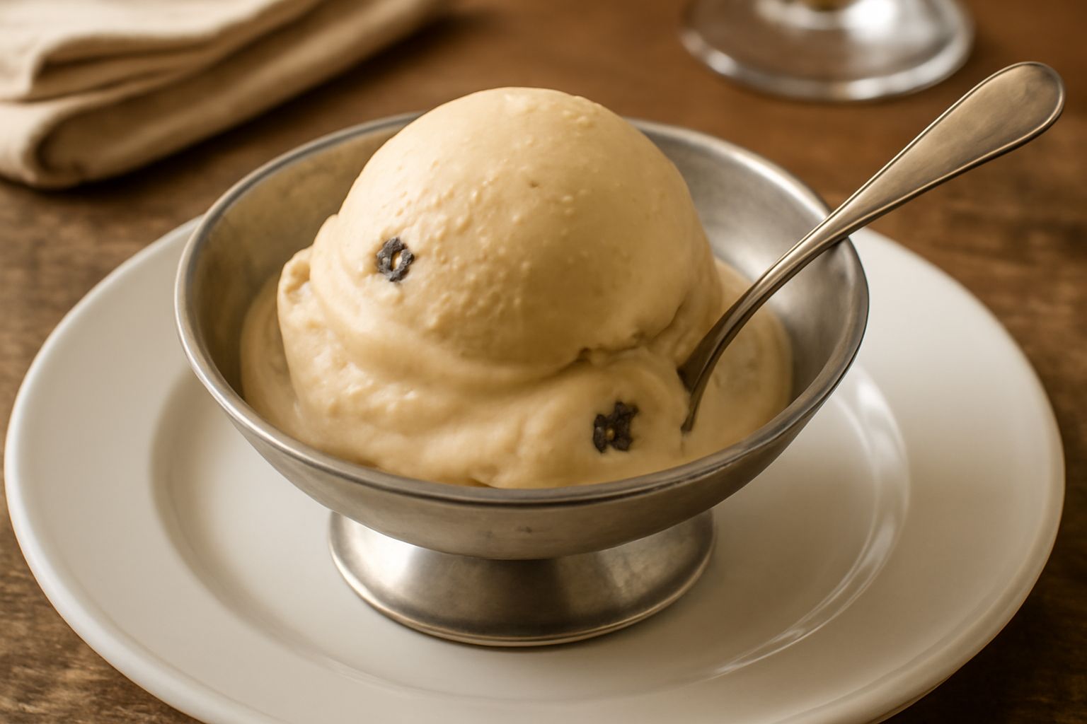Gelato di zibibbo in una coppa di vetro, colore beige chiaro con sfumature marroni, tre cucchiaiate di gelato a forma di quenelle, con un chicco di uva passa zibibbo adagiato in cima, sfondo bianco e