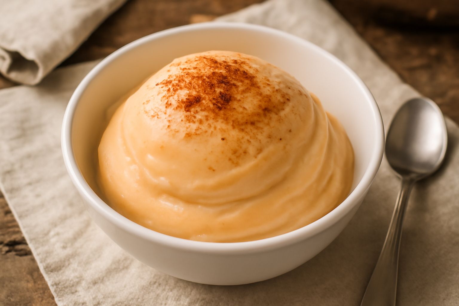 Gelato di zuccata color arancio avorio servito in coppetta di vetro trasparente, una o due cucchiaiate a forma di quenelle, con spolverata di cannella macinata sulla sommità e sfondo bianco naturale