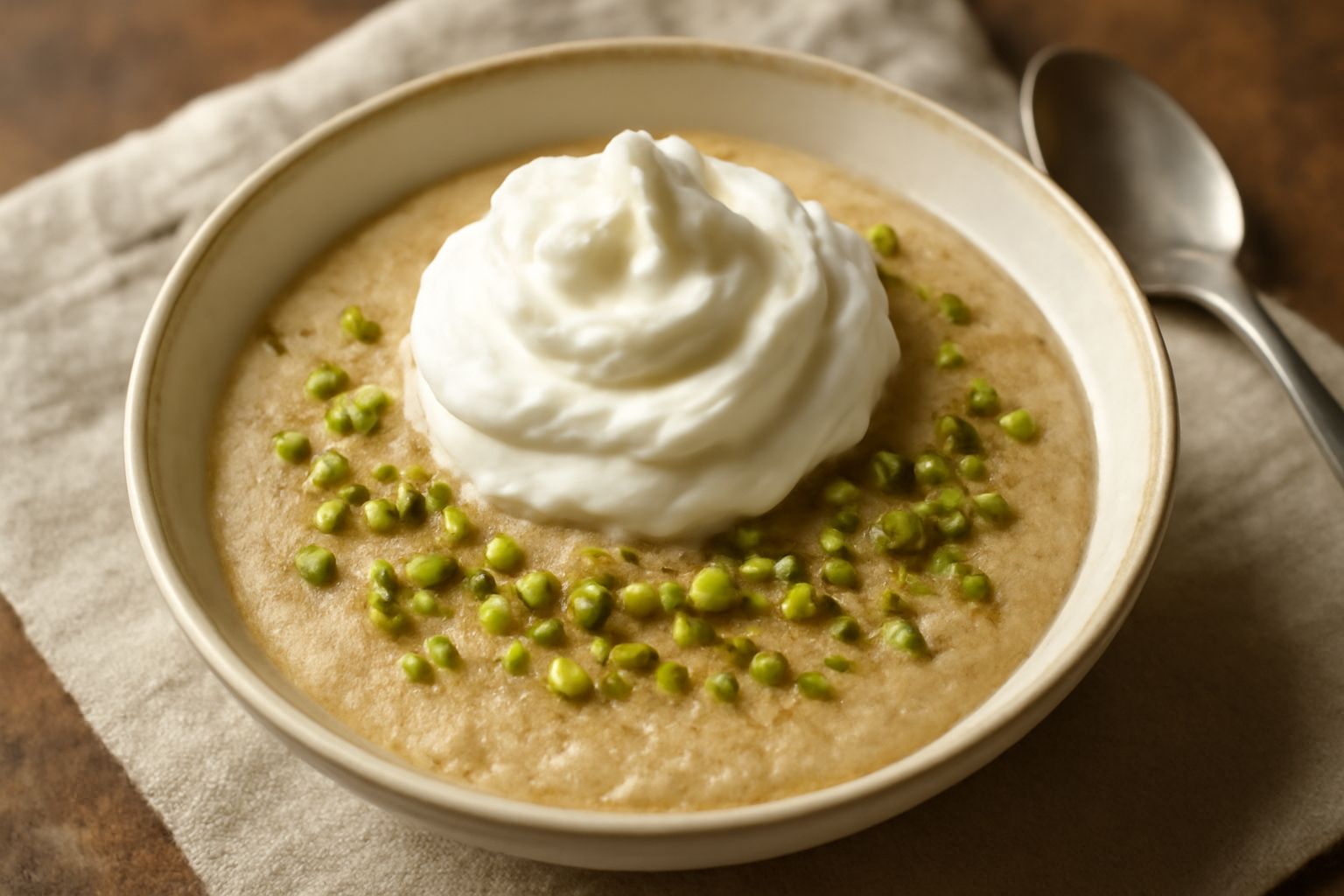 Ciotola di ceramica bianca contenente gelo d'estate beige e cremoso, guarnito con una cucchiaiata di panna bianca montata, pistacchio verde tritato grossolanamente e alcune mandorle pelate intere spar