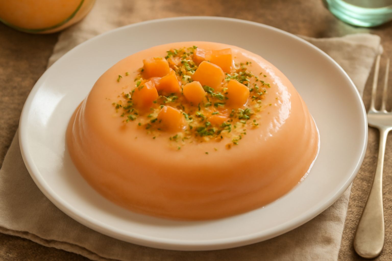 Coppetta di vetro trasparente con gelo di mellone di colore arancio chiaro, cremoso e liscio, decorato con piccoli cubetti di melone fresco in superficie e un cucchiaio al fianco su tavolo bianco