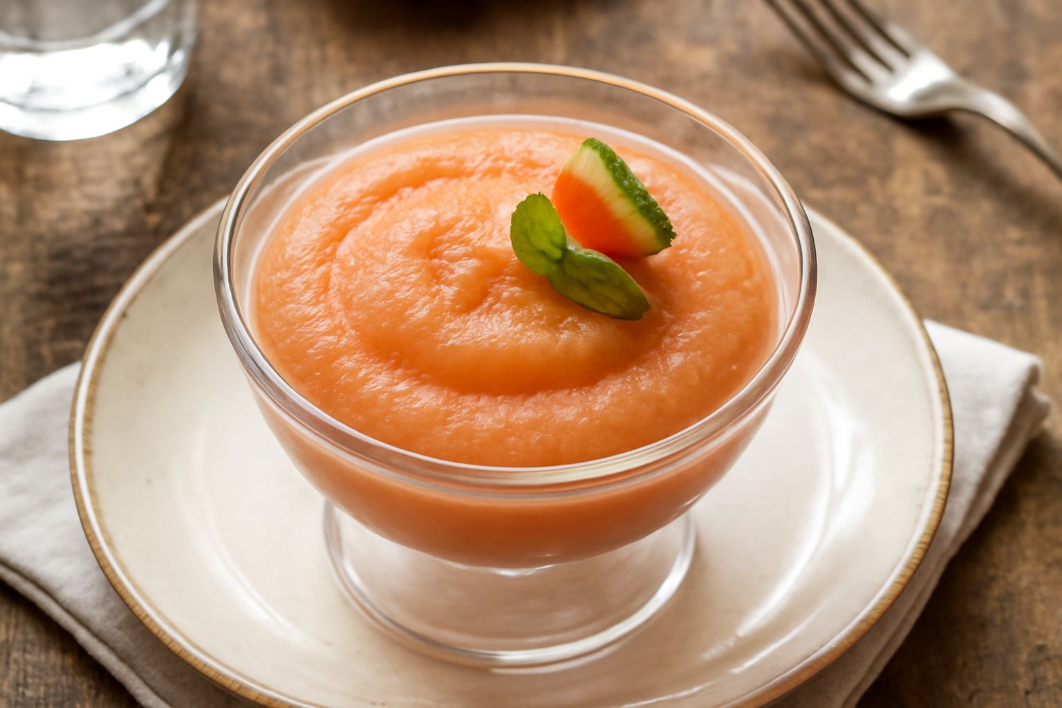 Ciotola di gelo di melone di colore arancione-salmone, cremoso, servito in coppa di vetro con superficie liscia, decorato con granella di pistacchio verde e un cucchiaio accanto