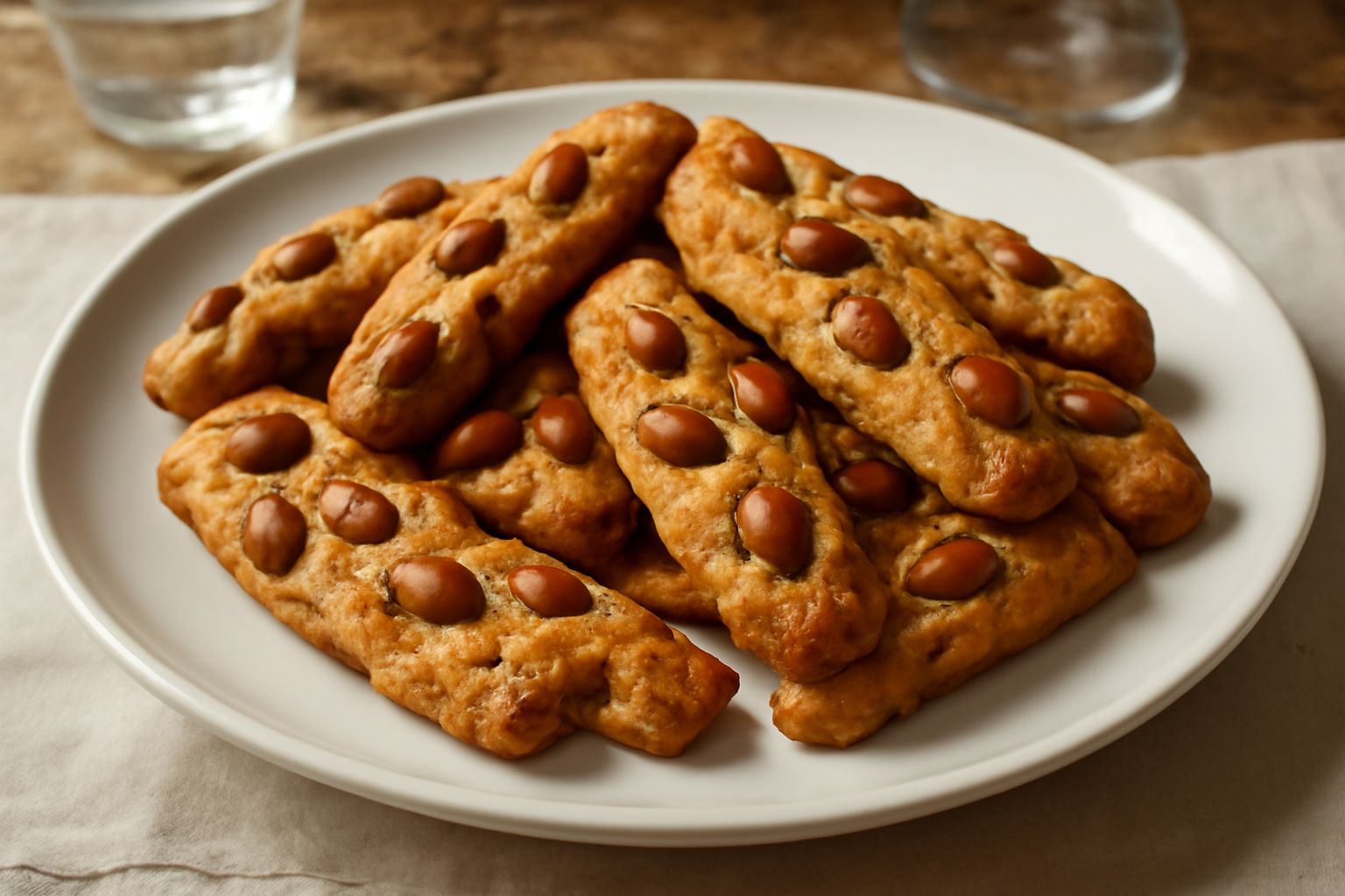 Biscotti di Genazzano dorati e croccanti disposti su un piatto di ceramica bianca, con mandorle intere visibili in superficie e una trama leggera, sfondo di legno naturale.