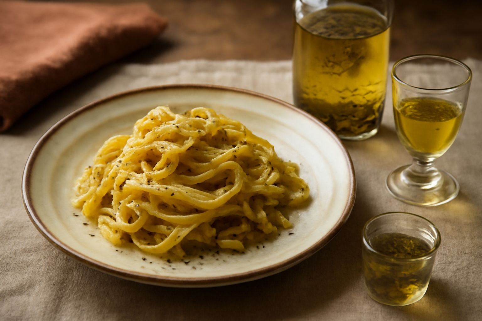 Bottiglia di vetro scuro contenente liquore giallo dorato trasparente, circondata da erbe aromatiche secche e fresche su una superficie di legno naturale in stile montano