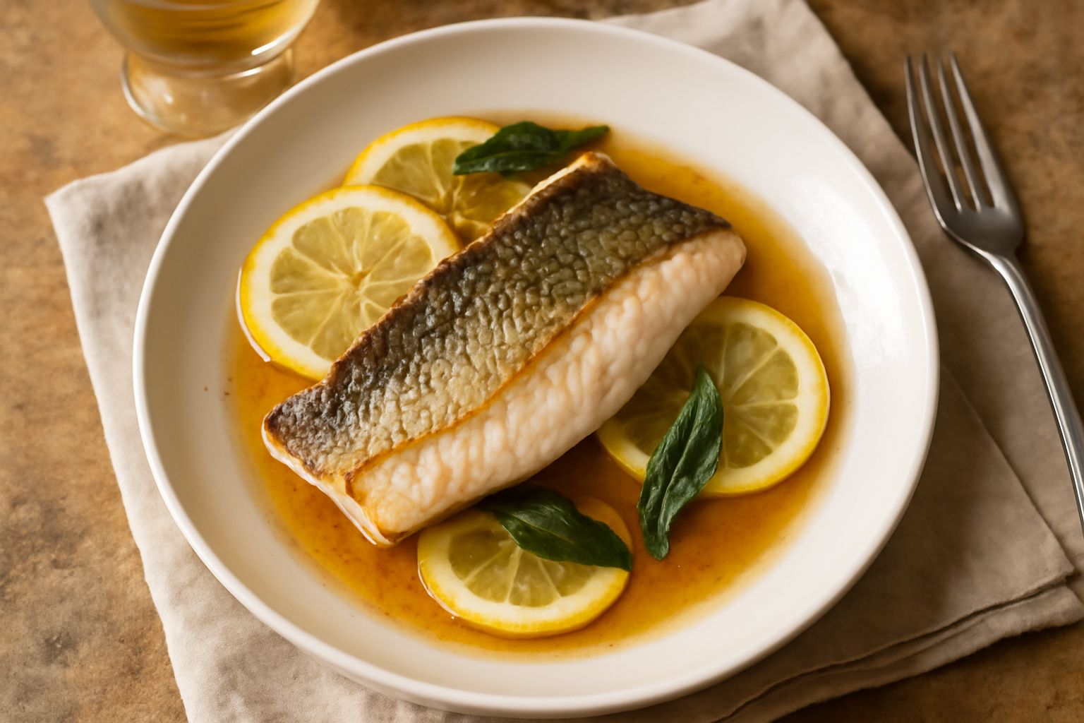 Bicchiere di Gewürztraminer color giallo paglierino accanto a filetto di pesce bianco sfumato in pentola con vapore, limone e erbe aromatiche fresche sul piatto