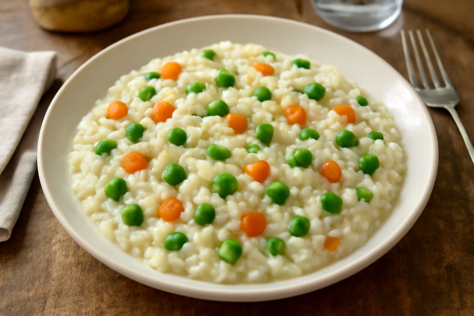 Piatto di riso bianco e cremoso con verdure colorate, carote arancioni e zucchine verdi ben visibili, impiattato su un piatto fondo bianco con cucchiaio accanto