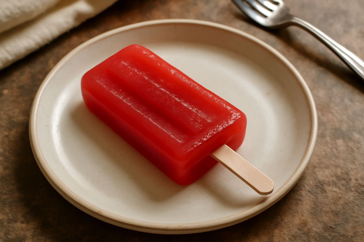 Tre ghiaccioli alle frutti rossi appena sfornati dal freezer, con colore rosso vivo naturale, posti verticalmente su un piatto bianco con gocce di condensazione, con frutti di bosco intorno