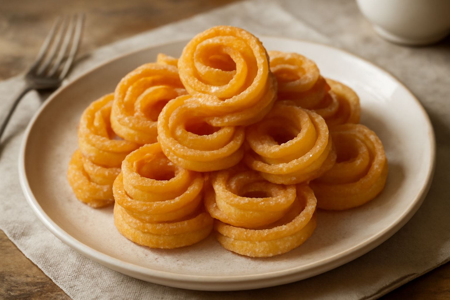 Ghirighe dorate e croccanti a forma di spirale, impilate su un piatto bianco con una leggera spolverata di zucchero, su fondo di legno chiaro