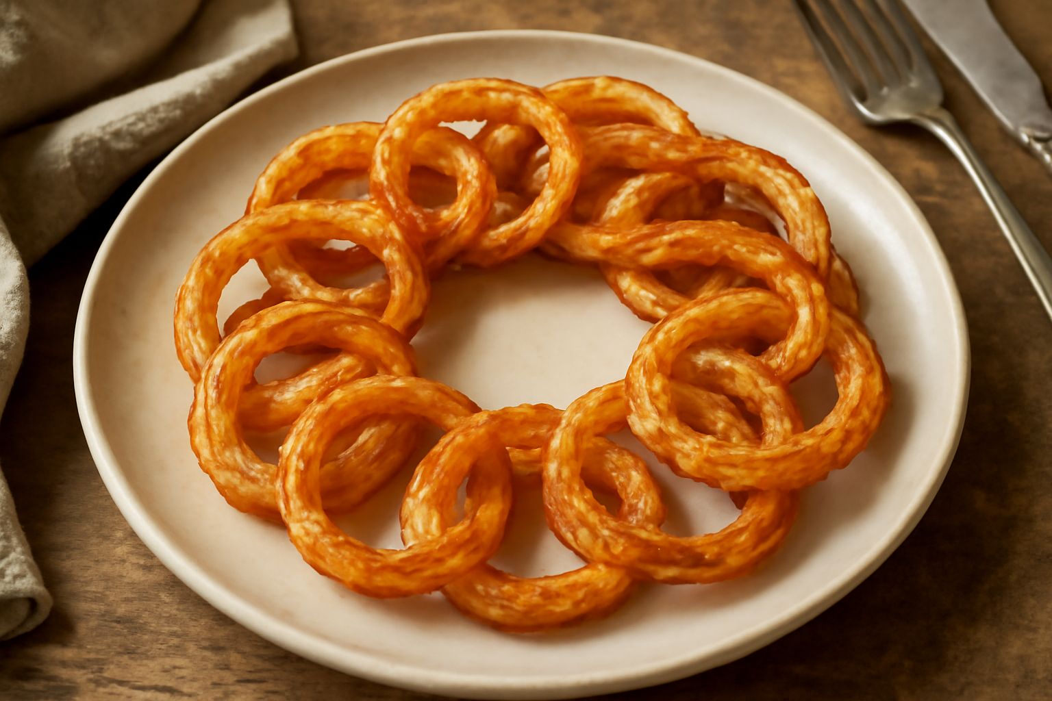 Ghirlanda di cipolla dorata e croccante disposta a forma di anello su piatto bianco, con sfumature dorate, contorno di prezzemolo fresco e tracce di olio lucido sulla superficie