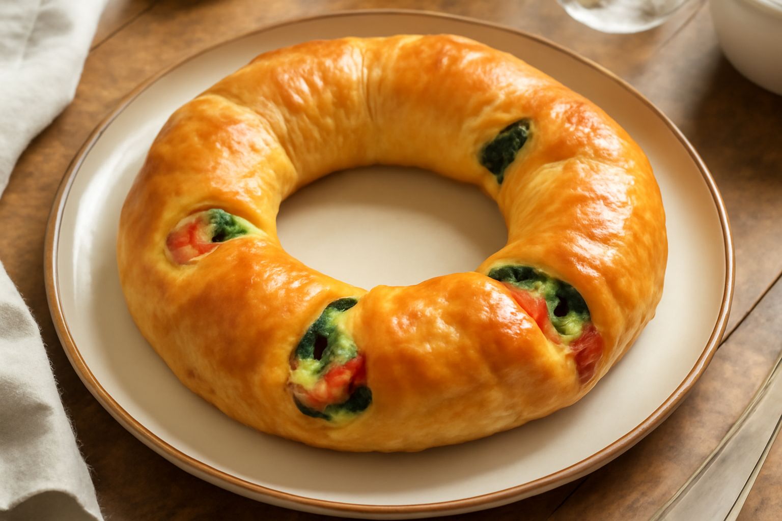 Ghirlanda salata dorata e croccante a forma di anello su piatto bianco, con ripieno di formaggi gialli e rossi visibile nella sezione, contorno di rucola fresca