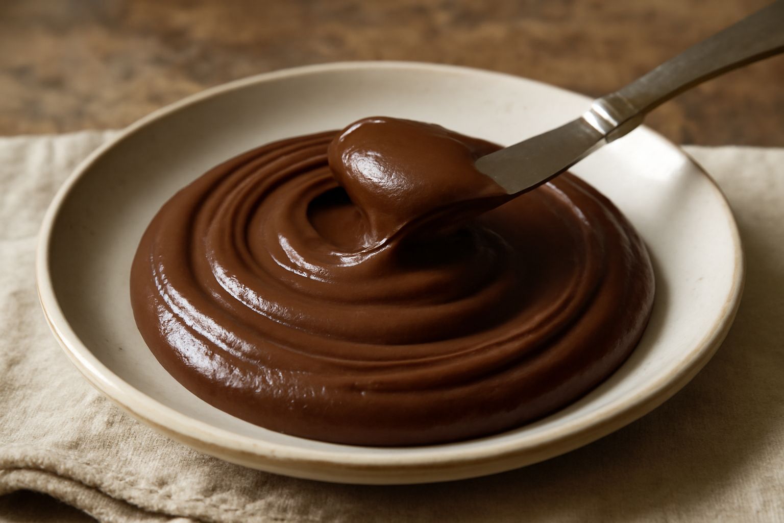 Barattolo di gianduia cremoso marrone scuro, con un cucchiaino che raccoglie la crema liscia e omogenea, su un tavolo di legno chiaro con nocciole sgusciate intorno