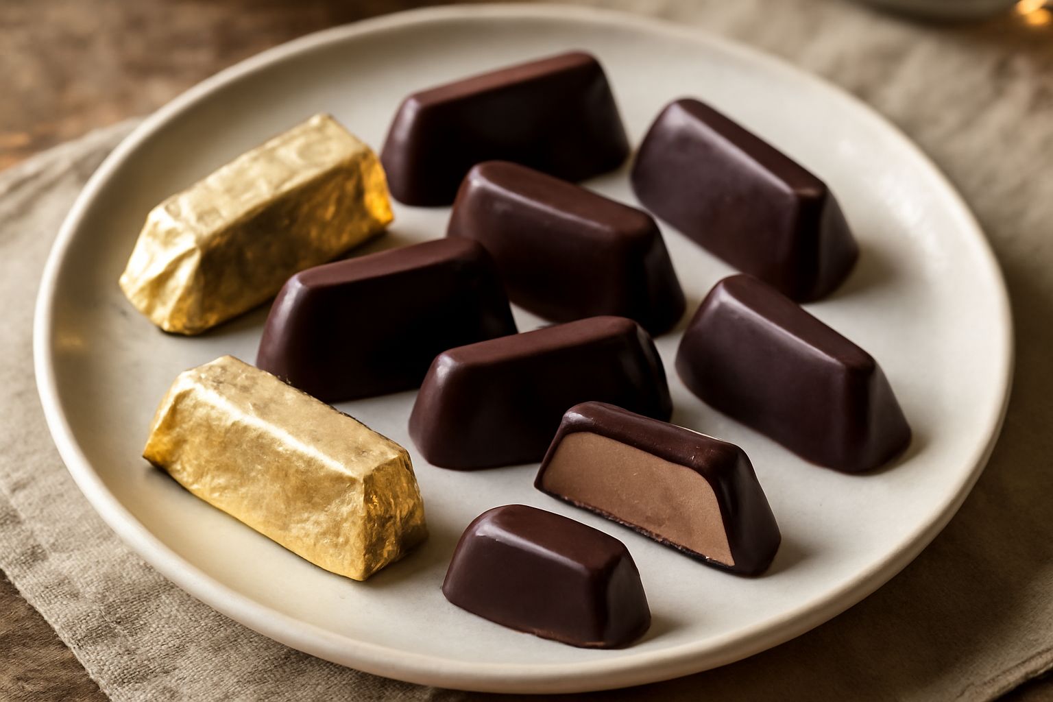 Tre gianduiotti color marrone dorato disposti su superficie bianca, forma trapezoidale inconfondibile, superficie satinata, sezione trasversale visibile con ripieno color nocciola chiaro