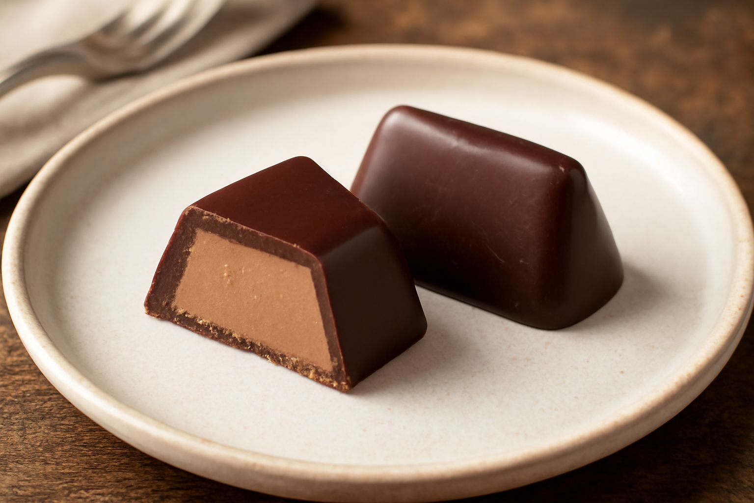 Tre gianduiotti a forma di trapezio con superficie di cioccolato fondente marrone scuro lucido, riposti su piattino bianco, con uno spezzato a metà che mostra il ripieno color nocciola cremoso all'int