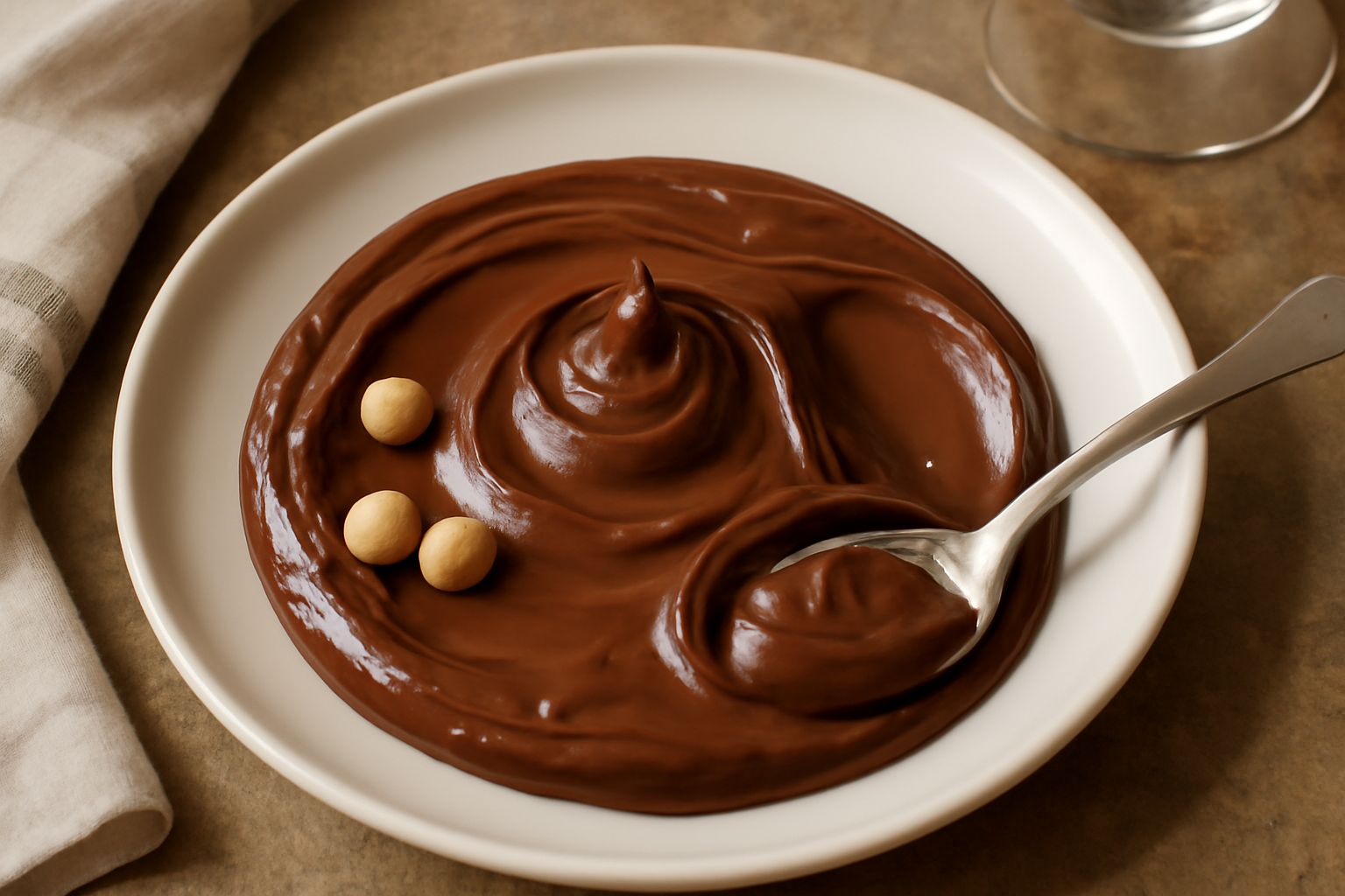 Un barattolo di vetro con gianduja marrone scuro e brillante, spalmato su una fetta di pane tostato con un cucchiaio di legno, in primo piano su un tavolo bianco con nocciole sparse intorno