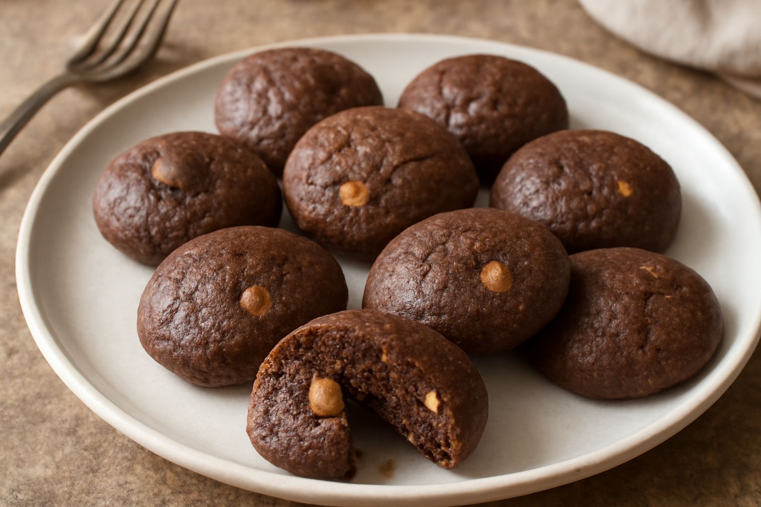 Una decina di biscotti giandujot rotondi e leggermente schiacciati, color marrone scuro con sfumature nocciola, disposti su un piatto bianco. Superficie lucida e leggermente irregolare, con qualche sg