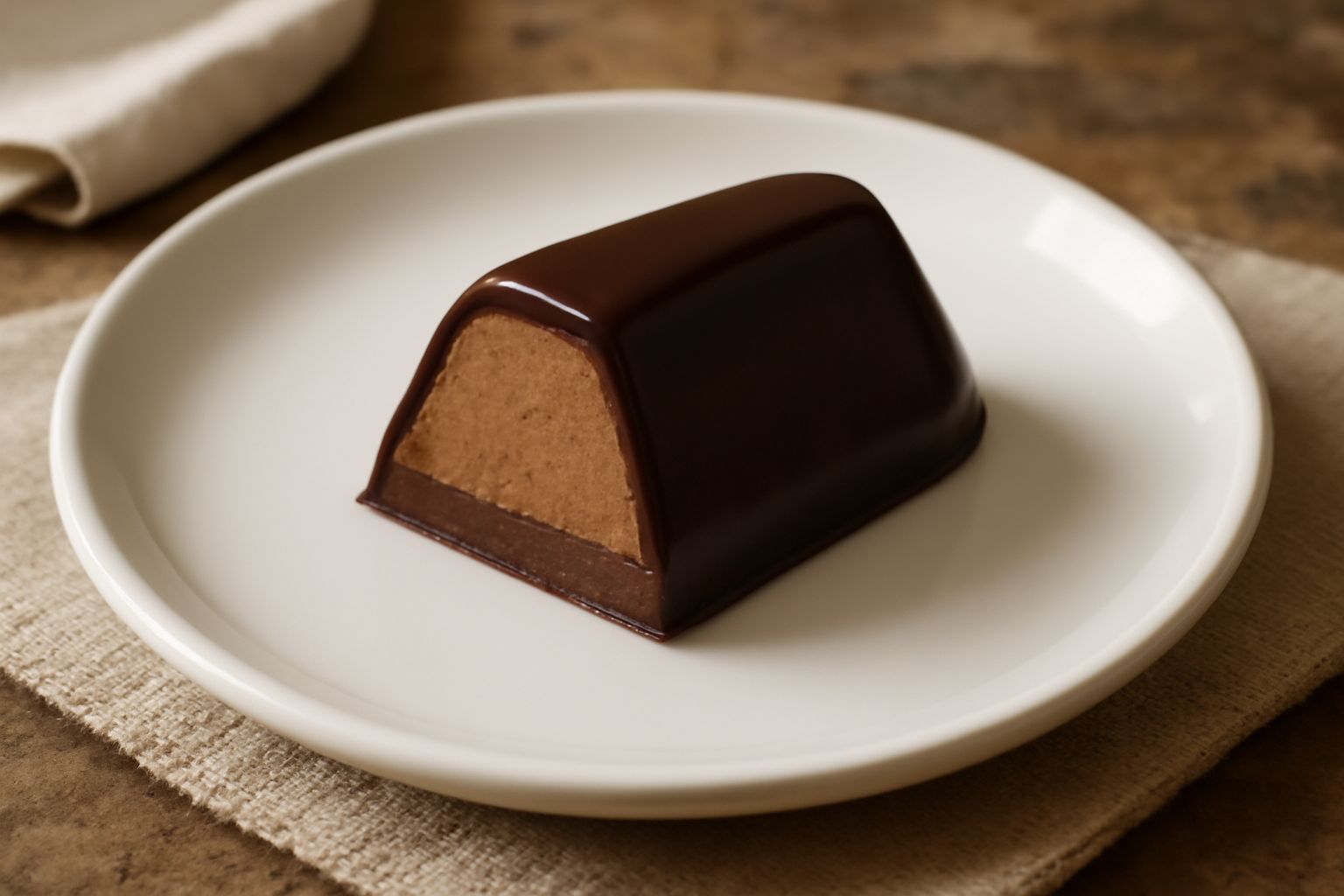 Giandujotti trapezoidali color marrone scuro con superficie lucida, impilati su un piatto bianco, con una sezione tagliata che mostra il ripieno cremoso color nocciola all'interno