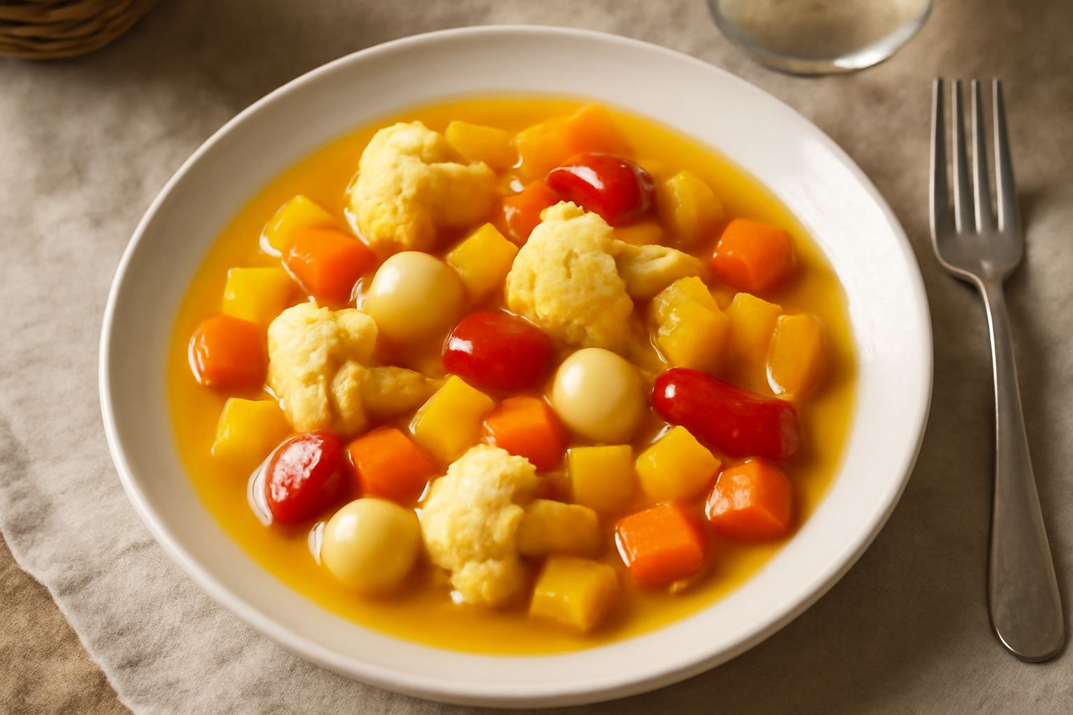 Vasetto trasparente di giardiniera alla milanese con verdure colorate: cavolfiore bianco, carote arancioni, cipolline rosa e acini di pepe nero in liquido giallastro, su fondo bianco