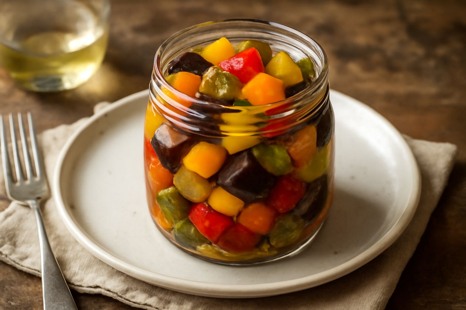 Giardiniera brindisina in barattolo di vetro: verdure tagliate a dadini nei toni del rosso, giallo, verde e viola, coperte di liquido trasparente con spezie visibili