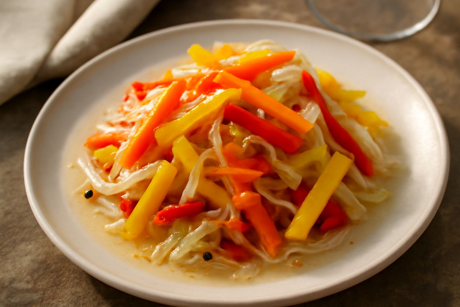 Giardiniera parmigiana in barattolo di vetro: verdure tagliate fine di colore verde, giallo e bianco, immerse in liquido trasparente con spezie visibili, servita in ciotola bianca con alcuni pezzi di 