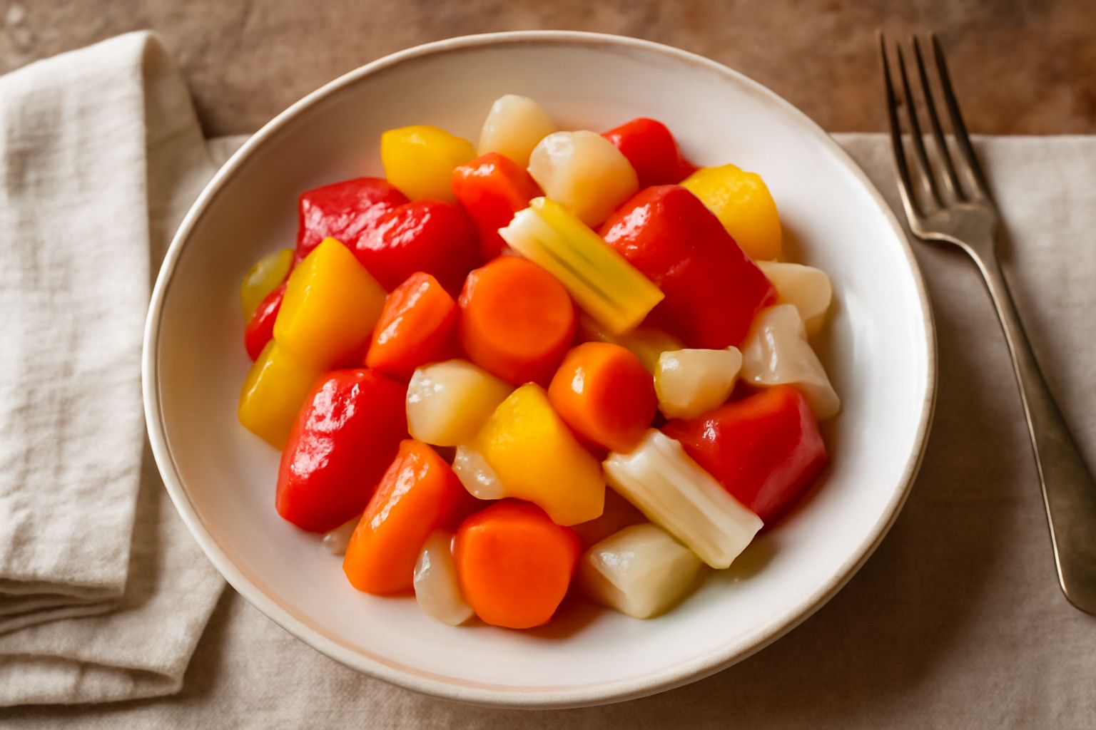 Vasetto di giardiniera piemontese con verdure miste tagliate a pezzi regolari: peperoni rossi e gialli, carote arancioni, sedano bianco, cipolla pallida, tutto ben visibile sott'aceto trasparente con 