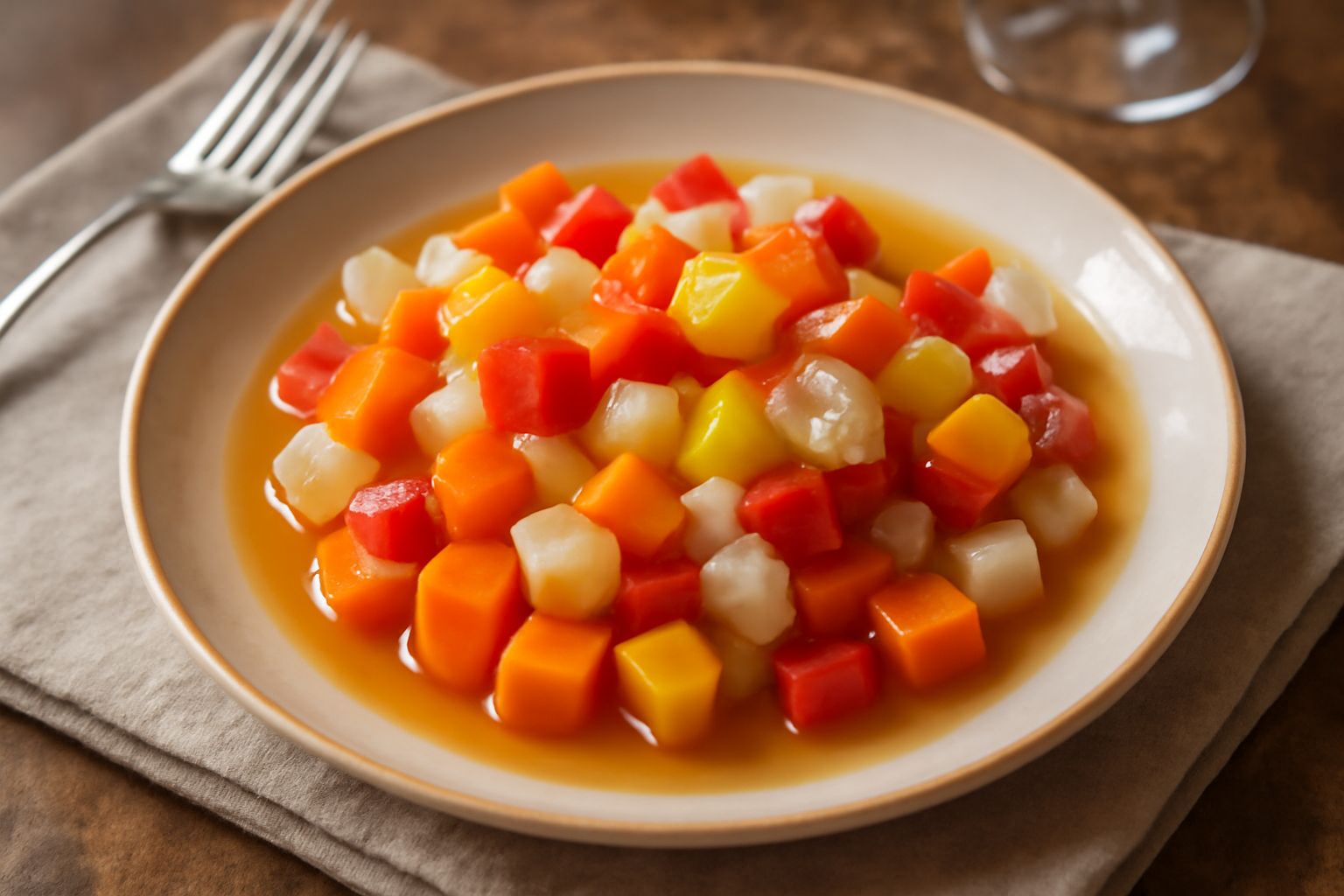 Giardiniera tarantina in una ciotola di vetro: verdure tagliate a cubetti (carote arancioni, sedano bianco, peperoni rossi e gialli, cipolla chiara) immerse in liquido trasparente ambrato, con foglie 