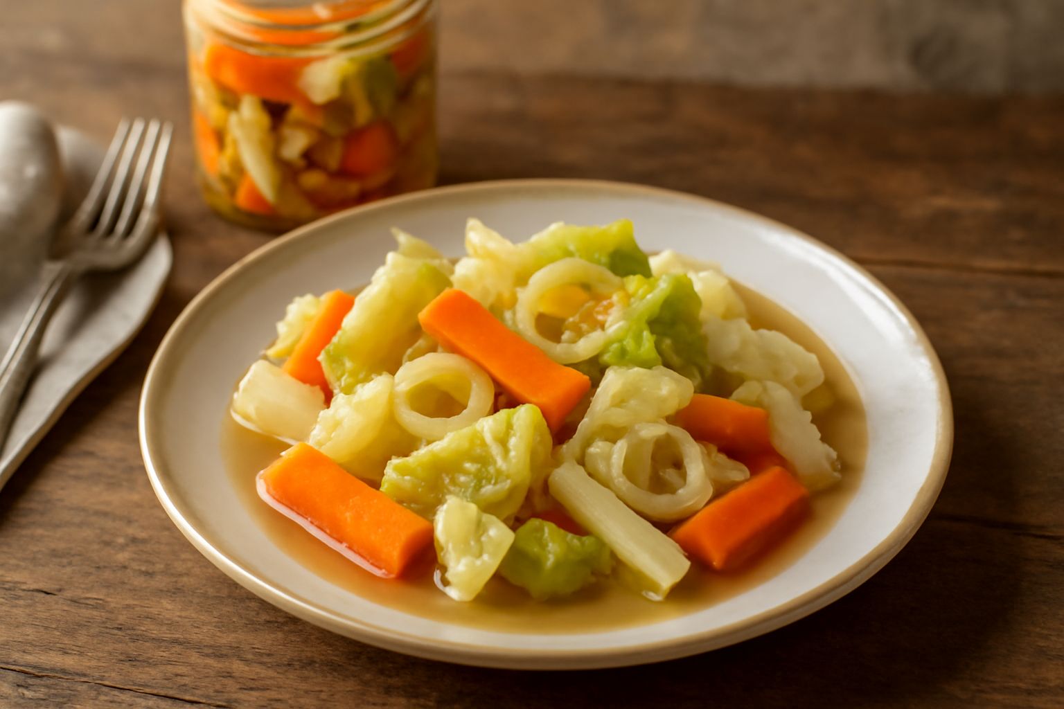 Vasetto di vetro con verdure tagliate a bastoncini, carote arancioni, sedano bianco e cavolo verde chiaro, ricoperte di liquido trasparente e semi di senape visibili, su sfondo bianco con foglie di pr