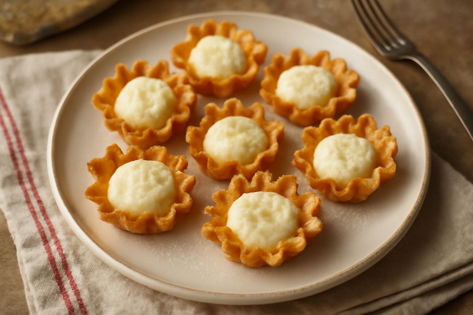 Tre girasoli di ricotta disposti su piatto bianco, con centro cremoso giallo ocra e petali dorati croccanti, guarniti con miele liquido e zollette di zucchero a velo