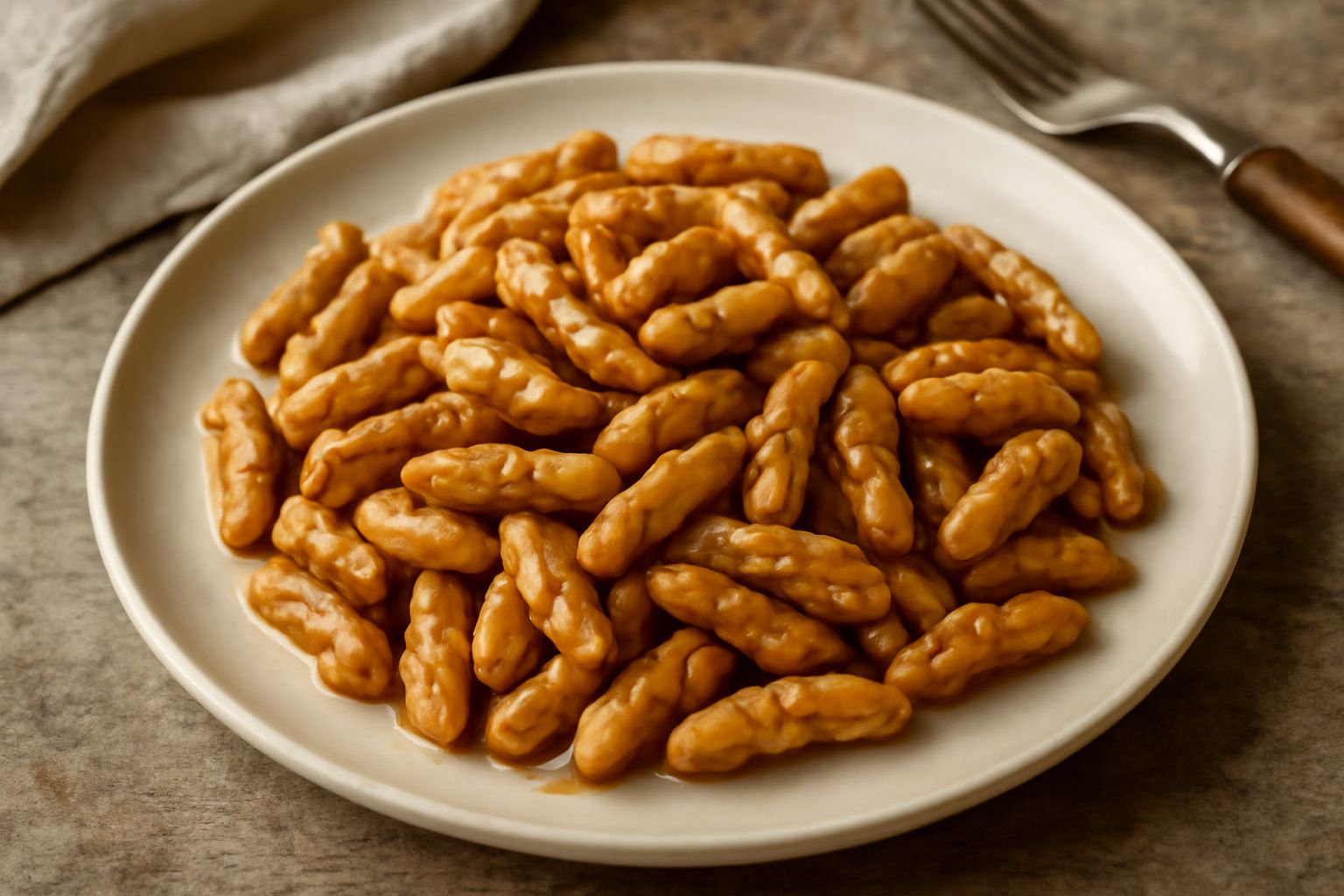 Giuggiolena a fette su un piatto bianco, pasta dolce marrone dorato con spezie visibili, accanto a un cucchiaio di miele