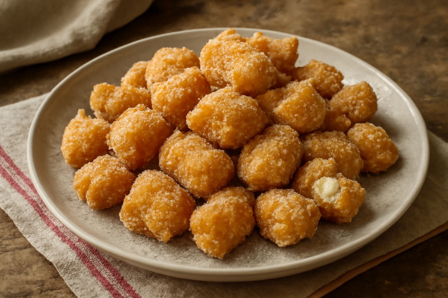 Giummulicchi dorati e croccanti cosparsi di zucchero semolato, impilati in un piatto bianco, con ricotta fresca e zucchero sullo sfondo