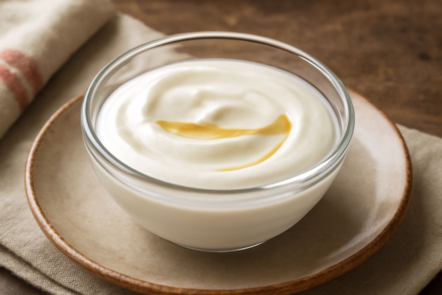Giuncata in una coppa di vetro trasparente, color bianco crema, con superficie liscia e lucida, guarnita con un filo di miele dorato e mandorle tostate