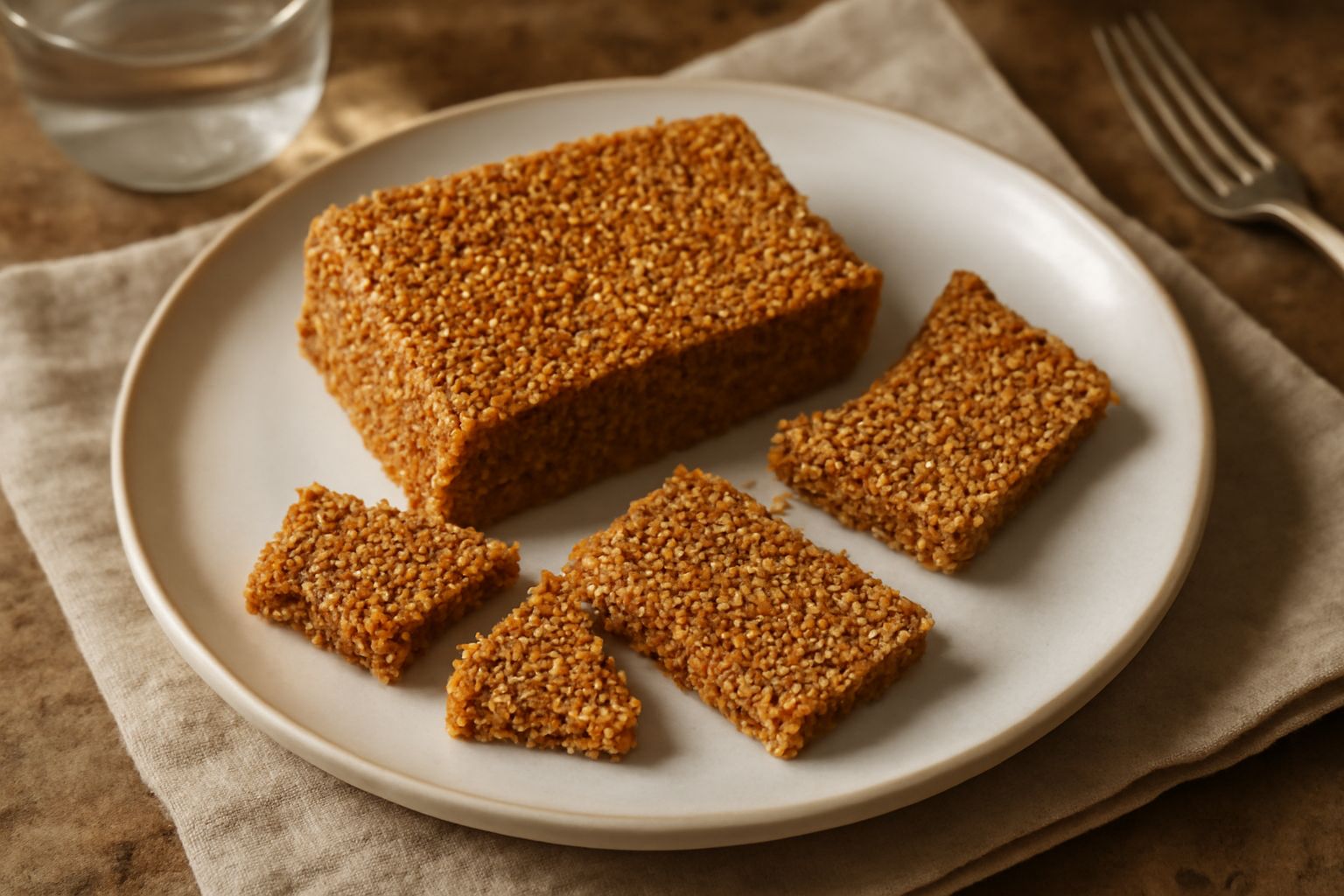 Giurgiulena spezzettata in pezzi irregolari color marrone dorato, con sesamo visibile sulla superficie, posata su carta di cucina beige, con una ciotola di miele sfocata sullo sfondo