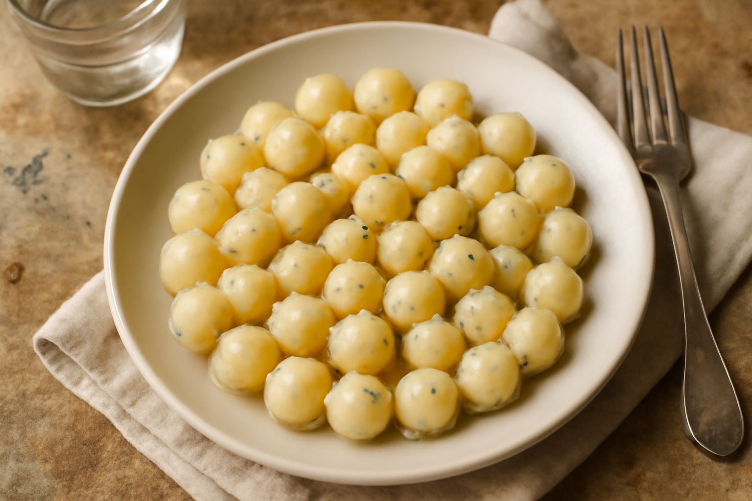 Piatto di gnocchetti tondi e dorati appena lessati, conditi con burro fuso e salvia fresca, spolverati di parmigiano grattugiato, su fondo bianco