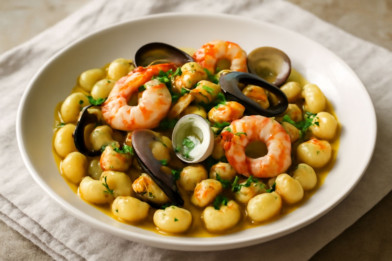 Piatto bianco di gnocchetti conditi con vongole littorali aperte, gamberi rosa e prezzemolo verde fresco, bagnati di olio leggero e brodo di mare, vapore caldo ancora visibile