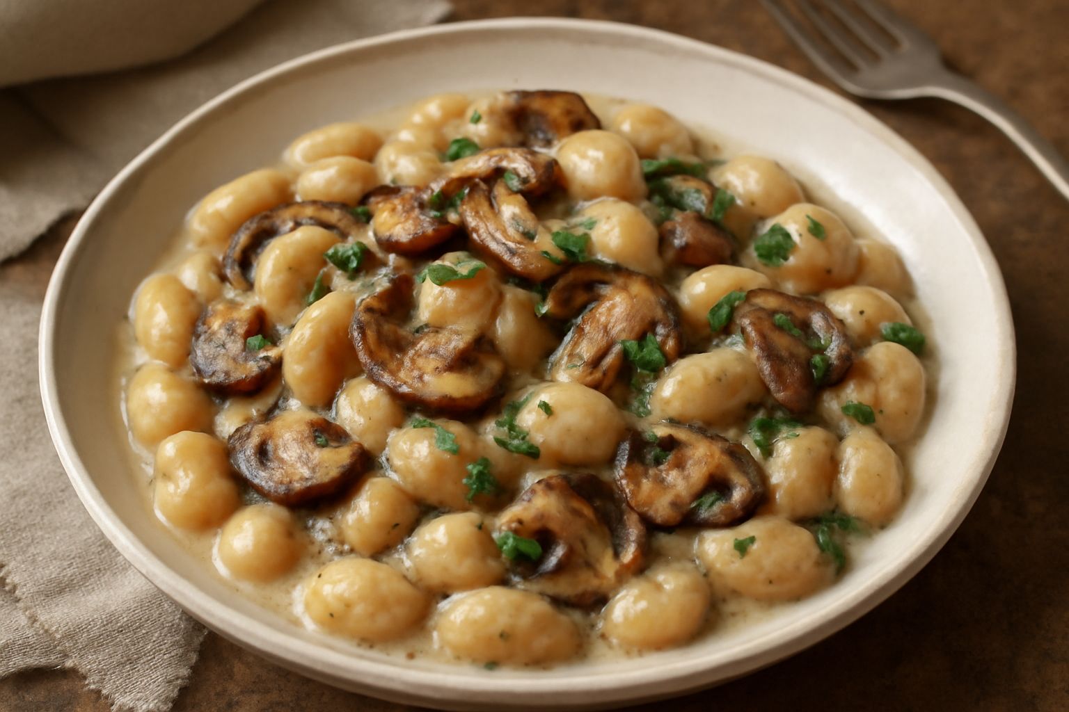 Piatto di gnocchetti beige e marroni con funghi trifolati, prezzemolo fresco e panna bianca, serviti in un piatto bianco con un cucchiaio di legno accanto