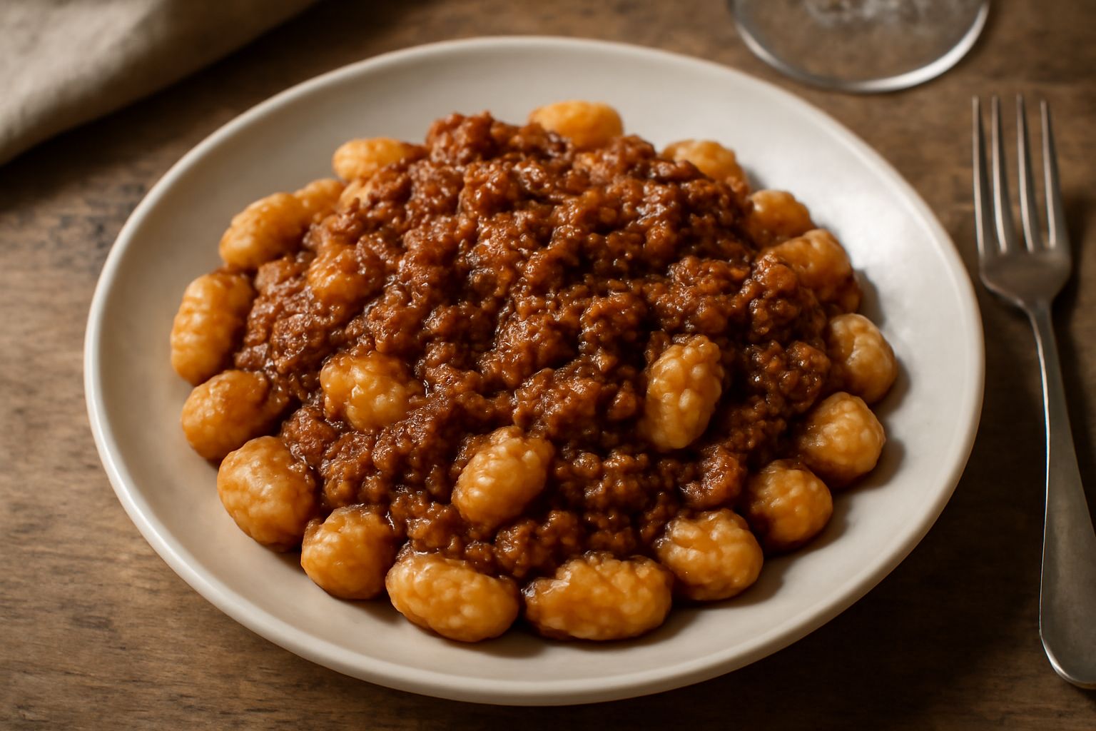 Piatto di gnocchetti biancastri ricoperti di ragù marrone scuro e denso, con una grattugia di pecorino grattugiato in alto, serviti in una ciotola fonda bianca con un cucchiaio di legno