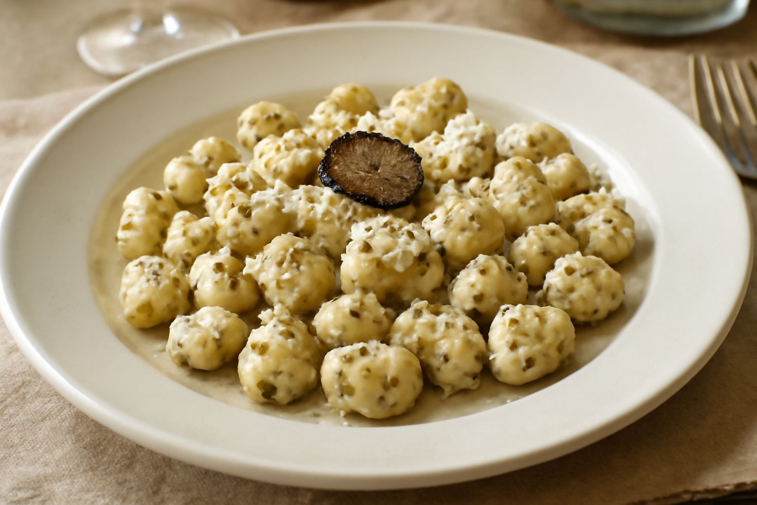Piatto di gnocchetti al tartufo su fondo bianco, gnocchetti color avorio con venature nere di tartufo, mantecati in burro, con scaglie di parmigiano grattugiato e una fogliolina di prezzemolo fresco