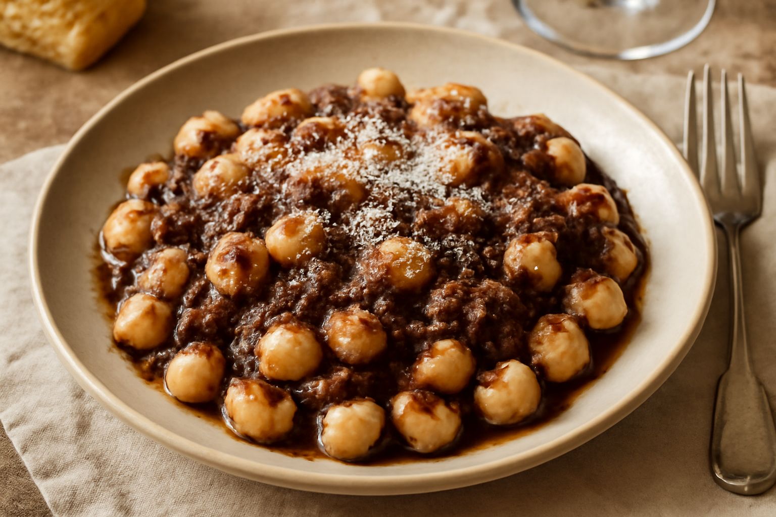 Piatto bianco con gnocchetti di patate color avorio conditi con ragù scuro di lepre, guarniti con parmigiano grattugiato fine e una foglia di salvia fresca, contorno di vino rosso sfocato