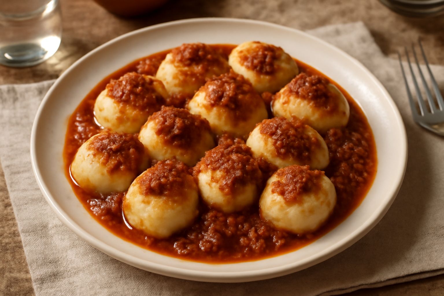Piatto bianco con gnocchetti di patata dorati e morbidi, ricoperti da ragù di carne rosso scuro, spolverati di parmigiano grattugiato bianco, serviti con un cucchiaio di legno