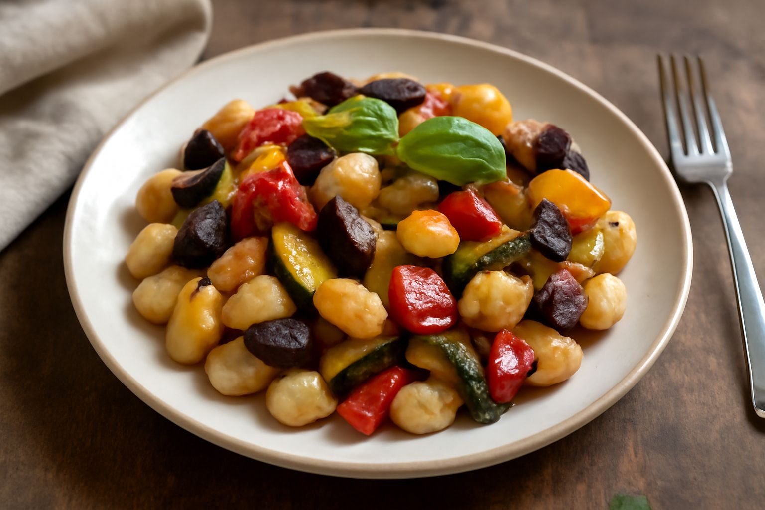 Piatto di gnocchetti biancastri con zucchine, melanzane viola e pomodori rossi, olio d'oliva lucido, prezzemolo verde e parmigiano grattugiato