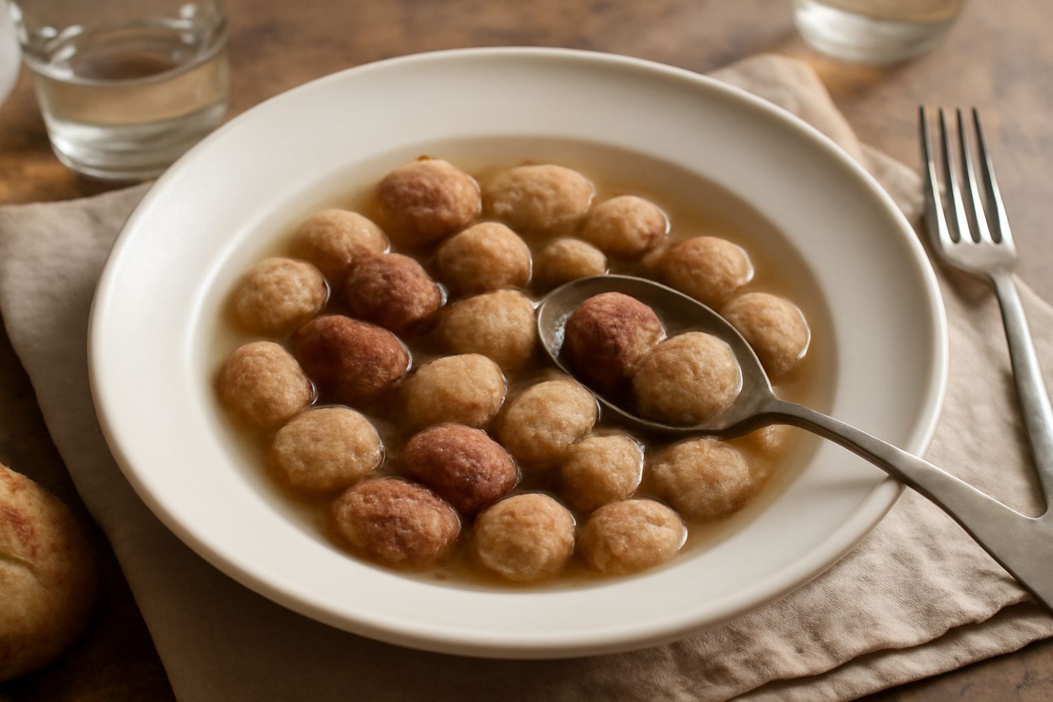 Gnocchetti di pane scuri e soffici in un piatto bianco, conditi con burro fuso e salvia verde, accanto a un mestolo di legno e pane raffermo sbriciolato