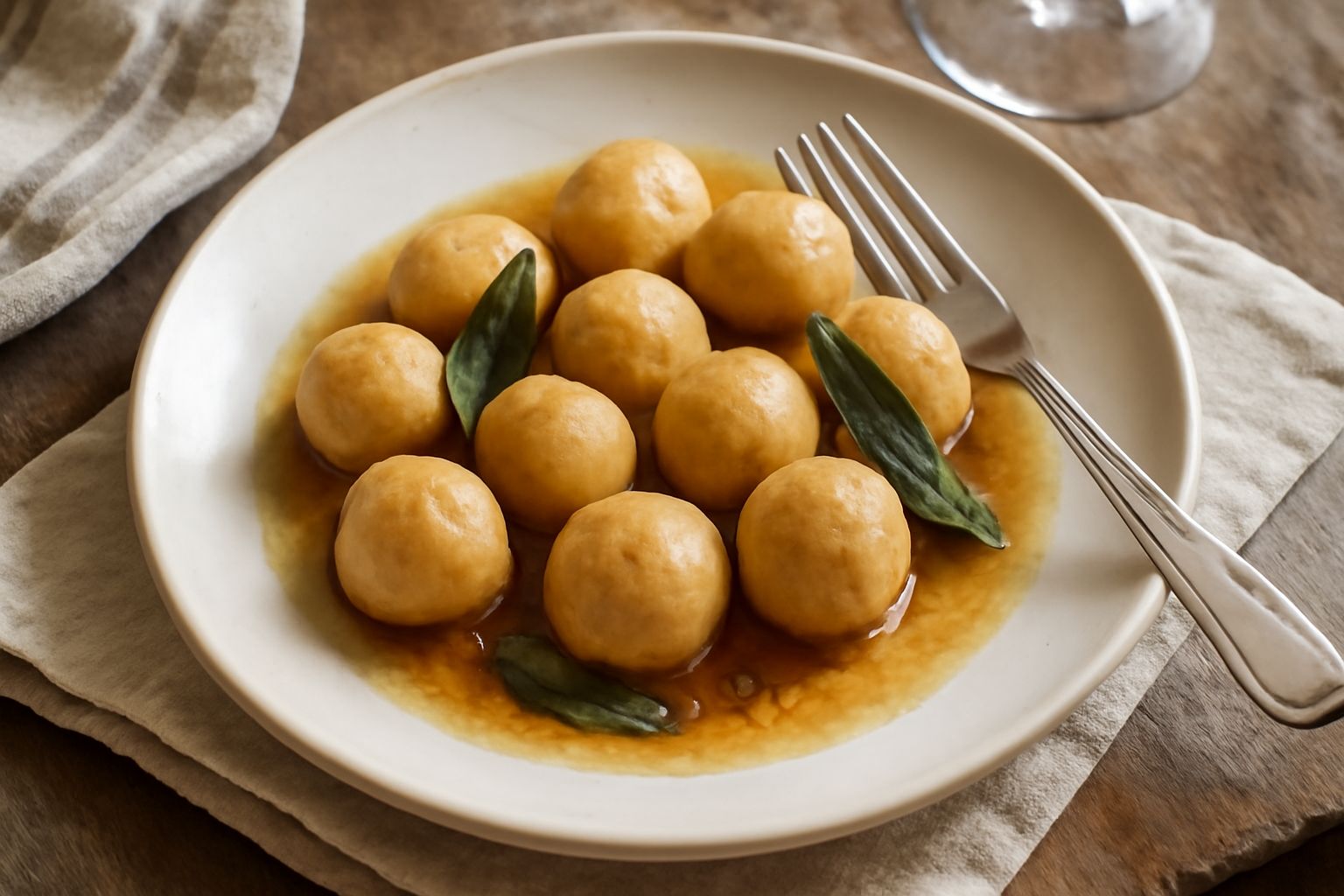 Gnocchetti di pane raffermo dorati e soffici in un piatto bianco, ricoperti di ragù scuro e grana grattugiato, con un cucchiaio di legno accanto